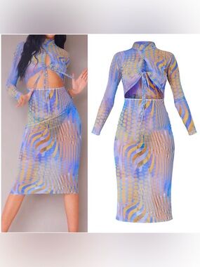 PrettyLittleThing Blue Texture Print Mesh Midi Dress Coverup Ruched Front Cutout